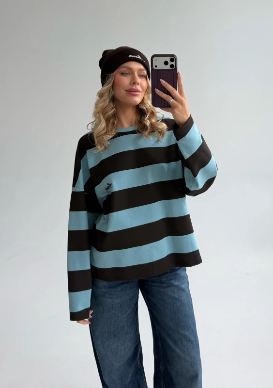 Rowe - Blue and brown striped longsleeve with an embroidered logo
