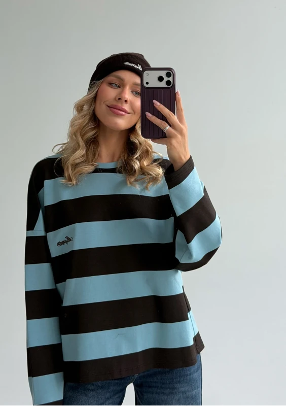 Rowe - Blue and brown striped longsleeve with an embroidered logo