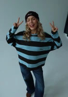 Rowe - Blue and brown striped longsleeve with an embroidered logo