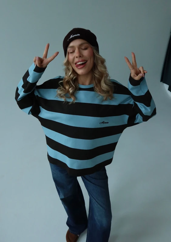 Rowe - Longsleeve oversize w pasy z haftem Chocolate & Blue