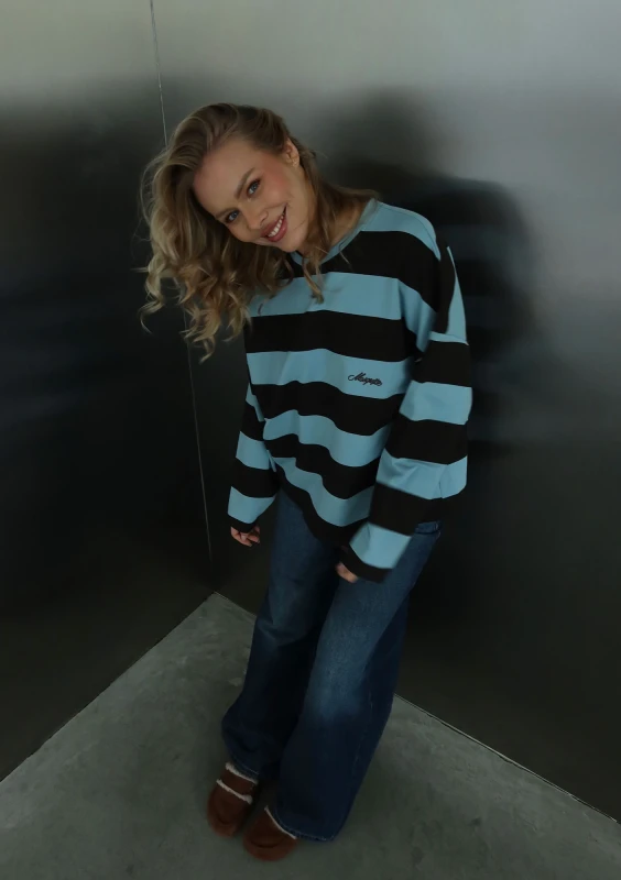 Rowe - Blue and brown striped longsleeve with an embroidered logo