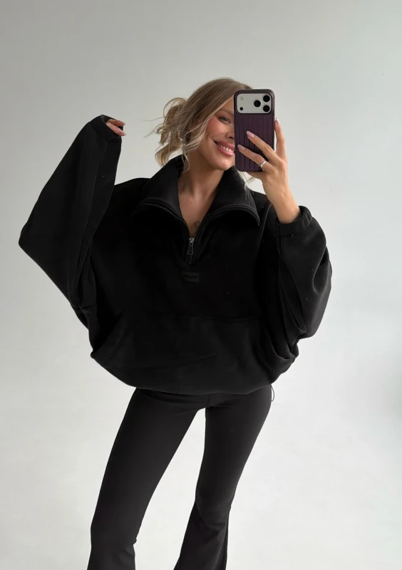 Yale Zip - Black micro fleece-lined oversize jumper