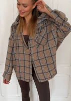 Harvey - Latte beige checked oversized shirt with a hood