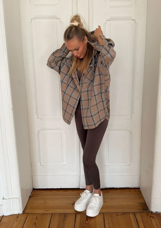 Harvey - Latte beige checked oversized shirt with a hood