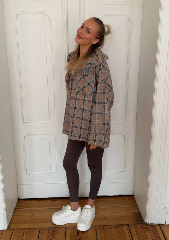 Harvey - Latte beige checked oversized shirt with a hood