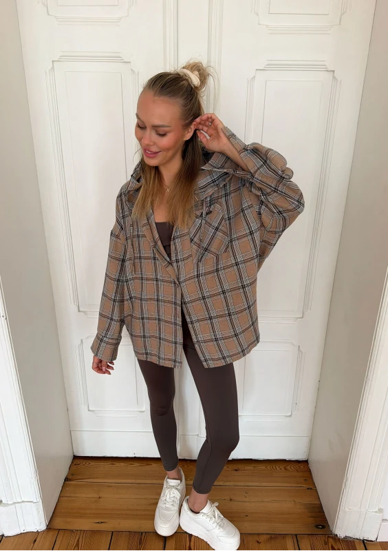 Harvey - Latte beige checked oversized shirt with a hood