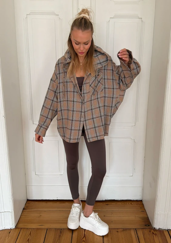 Harvey - Latte beige checked oversized shirt with a hood