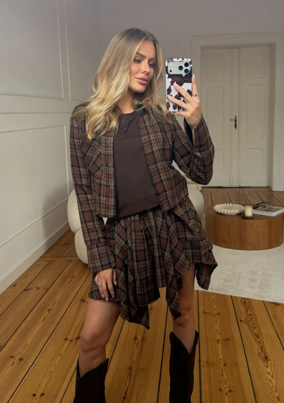 Aster - Koszula w kratę o krótszym kroju Warm Brown