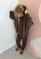 Harvey - Warm brown checked oversized shirt with a hood